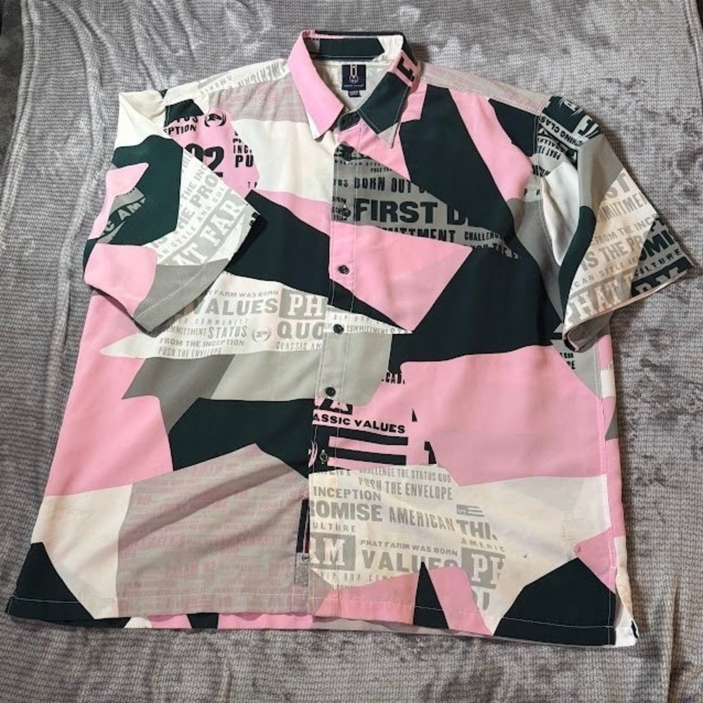 Phat Farm Mens XXXL Graphic Print Button Down Shirt Pink Green Grey PSH41905